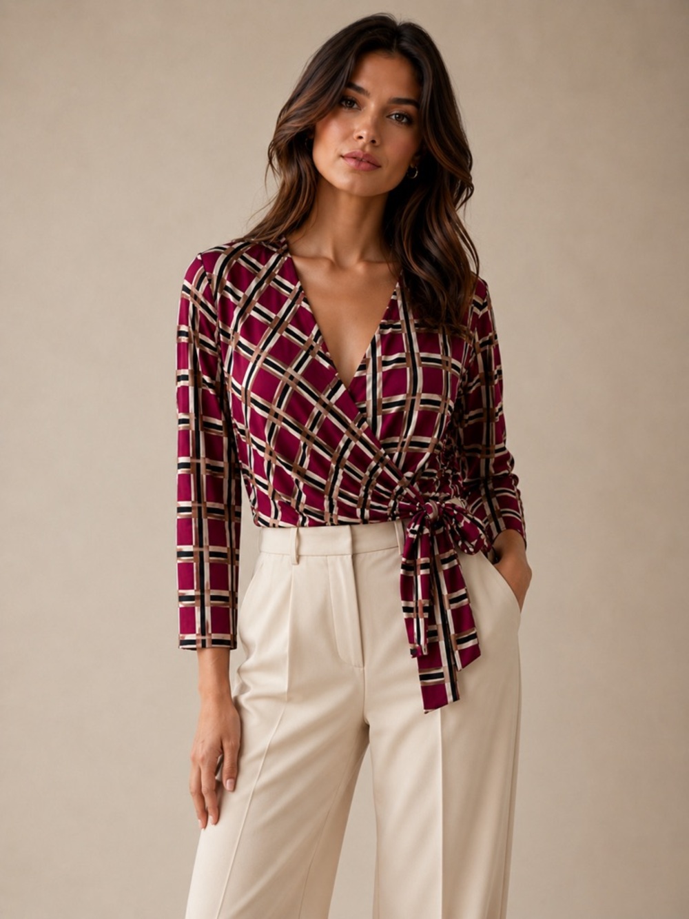 Anne Klein Burgundy Plaid Wrap Blouse